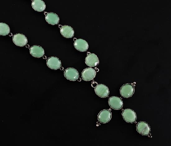 A silver and green hardstone set cross pendant necklace, pendant 2.5in.